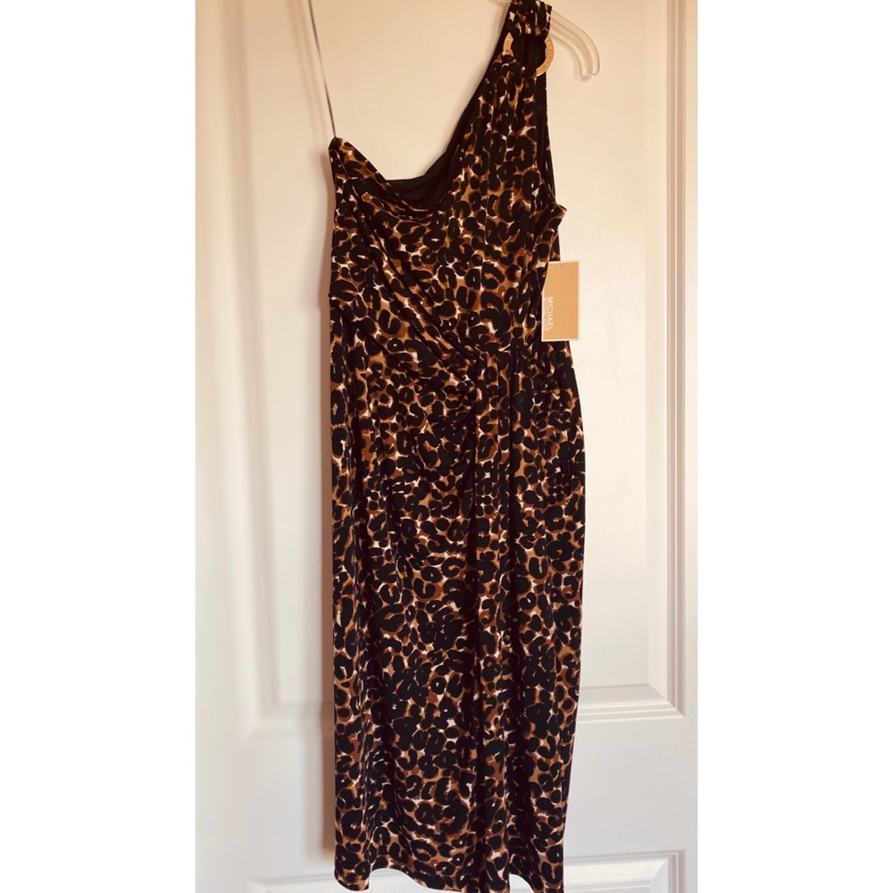 Animal print single strap cocktail dress.